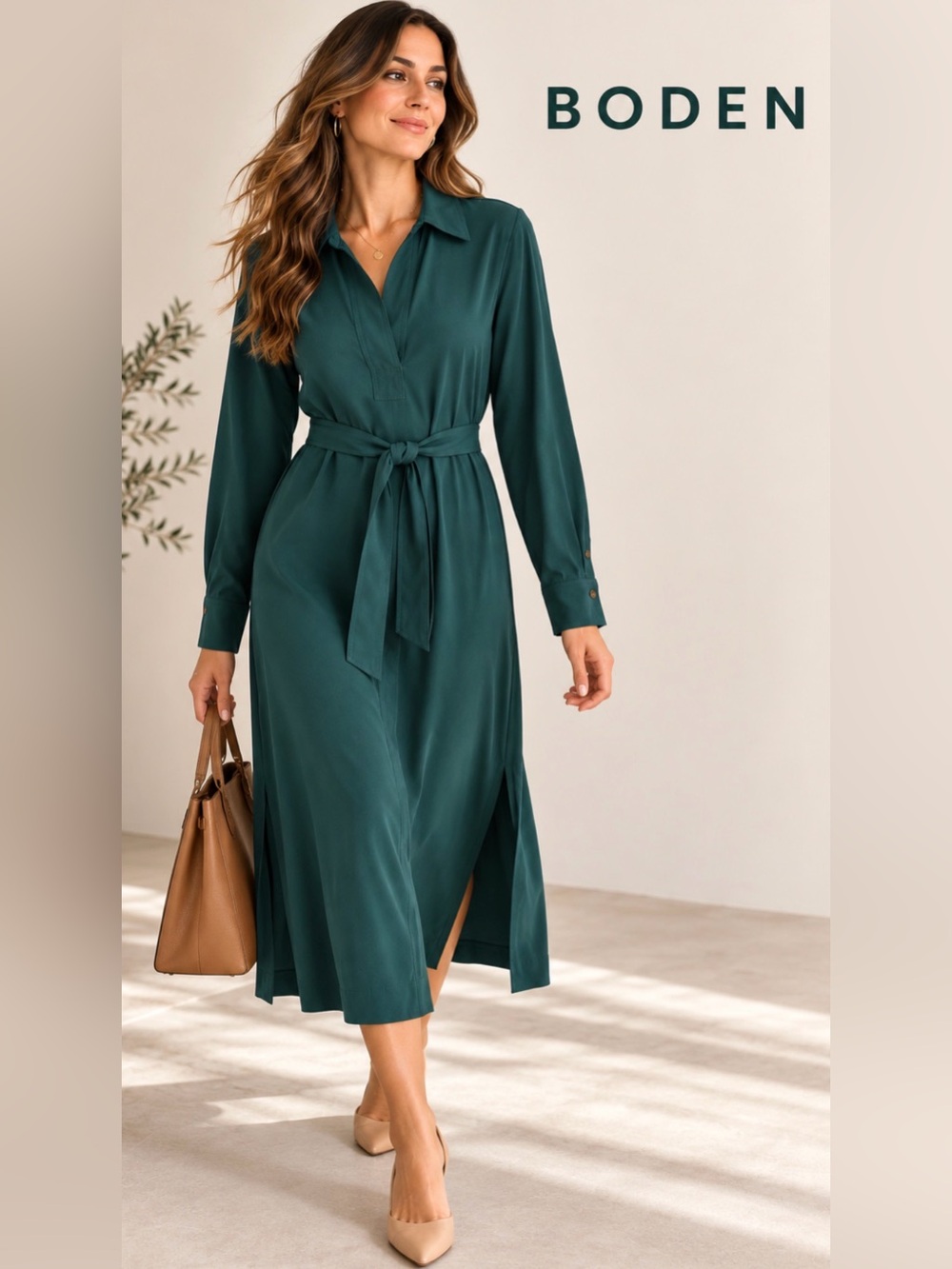 Boden Teal Green Belted Shirt Dress US 6R Long Sleeve Stretch Midi Dress